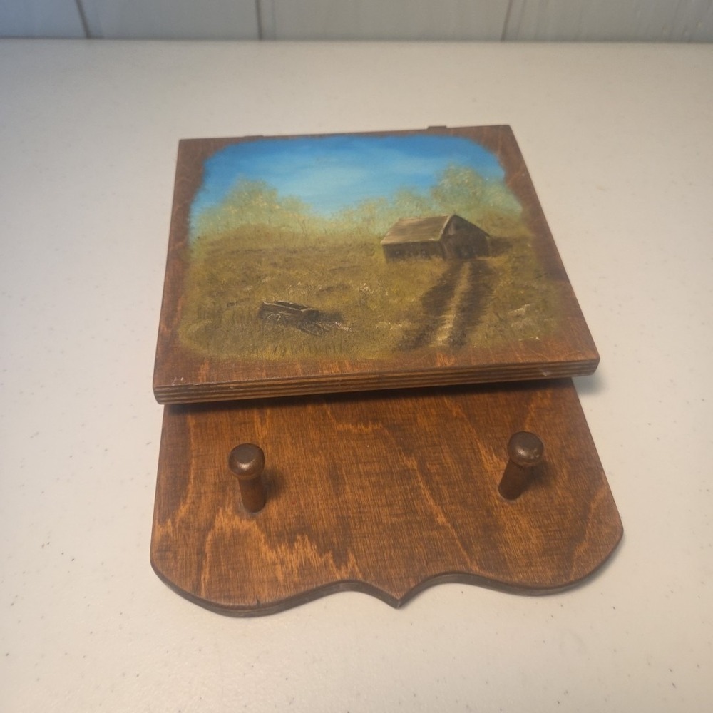 Vintage Wood Handpainted Barn Door  Key Holder 2 Pegs 4 Key Pegs Wall Hanging
